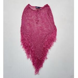 Vtg Y2K 90s Pink Crochet Knit Tassel Poncho / Fairy Whimsigoth Witchy Boho